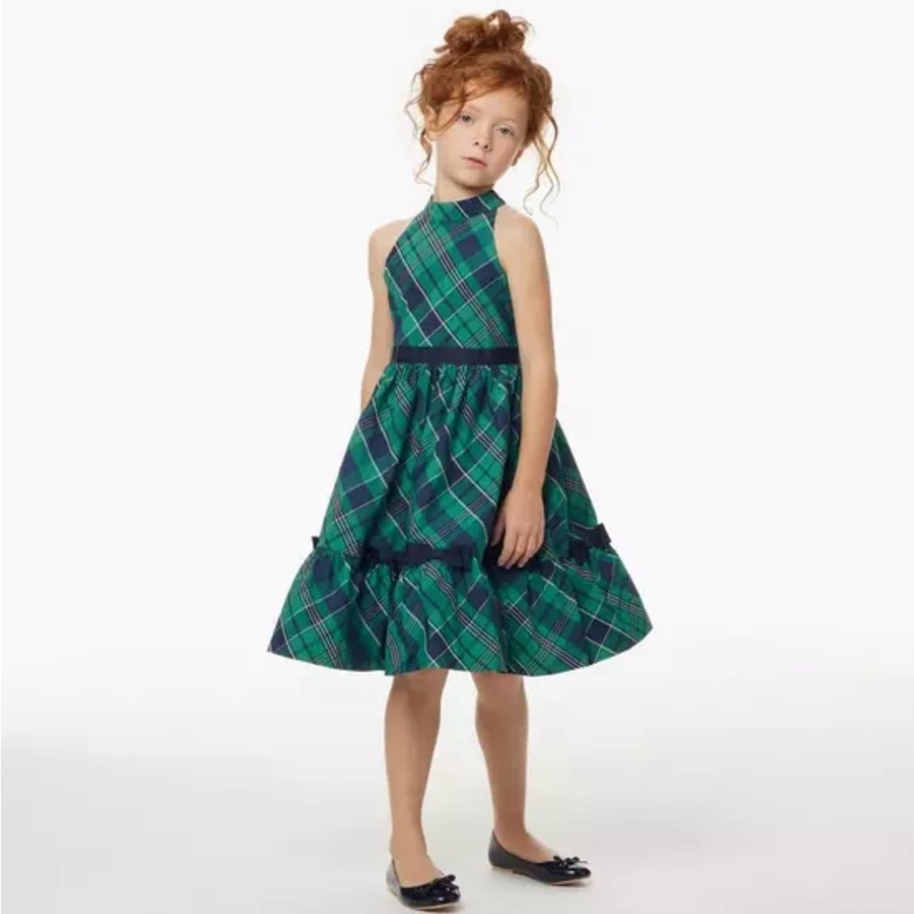 Janie and Jack Girls Ferry Green Plaid Bow Dress- size 7